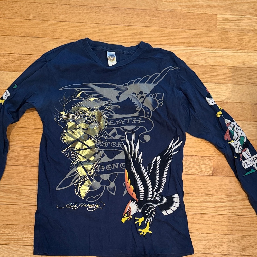 Ed Hardy by Christian Audigier Gildan Blue Tee with Gold Graphic
